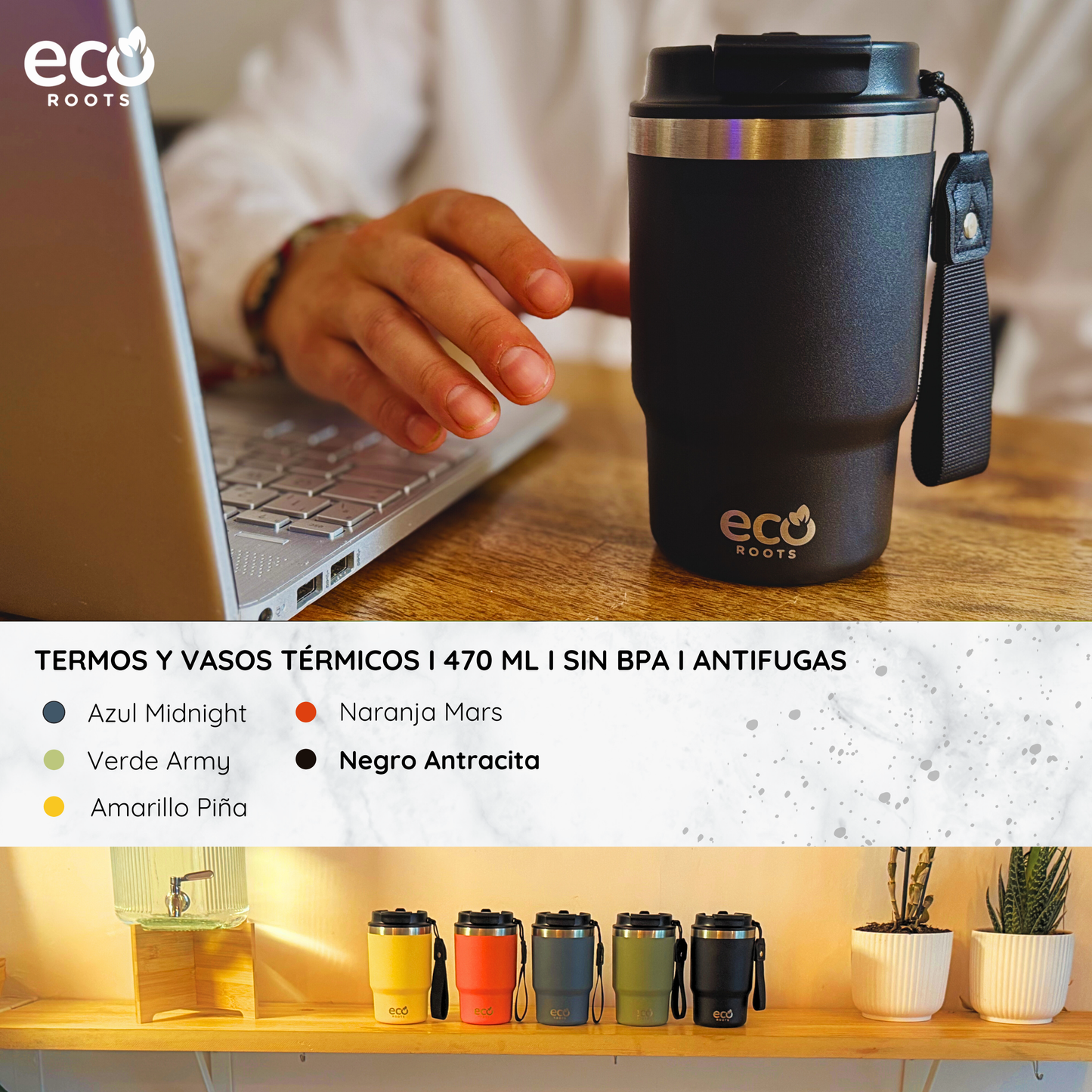 ECOROOTS Thunder I Termo 470 ml I Vaso térmico (Negro Antracita)