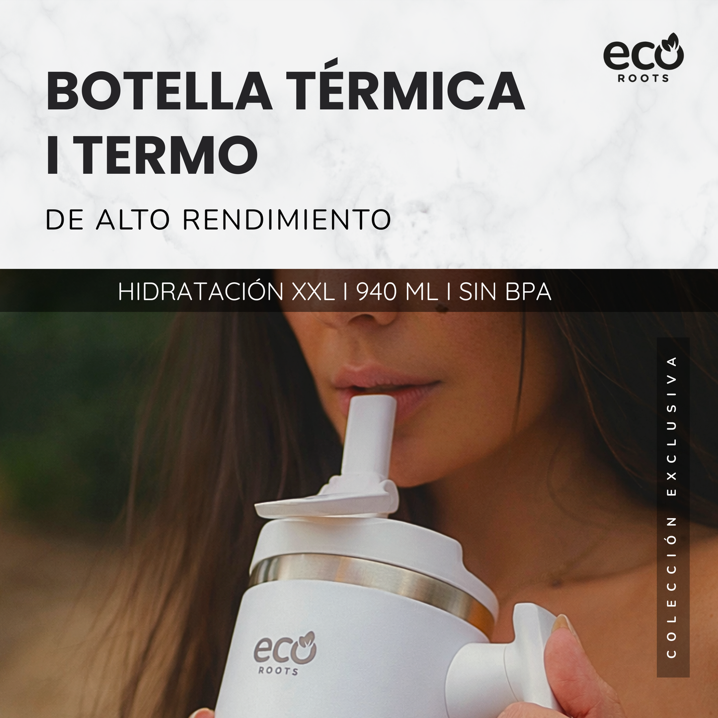 ECOROOTS Rocket I Botella Térmica 940 ml I Asa Giratoria 180º (Blanco Snow)