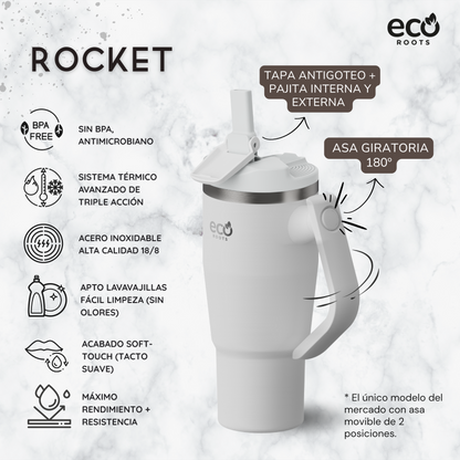 ECOROOTS Rocket I Botella Térmica I Termo 940 ml I Asa Giratoria 180º (Blanco Snow)