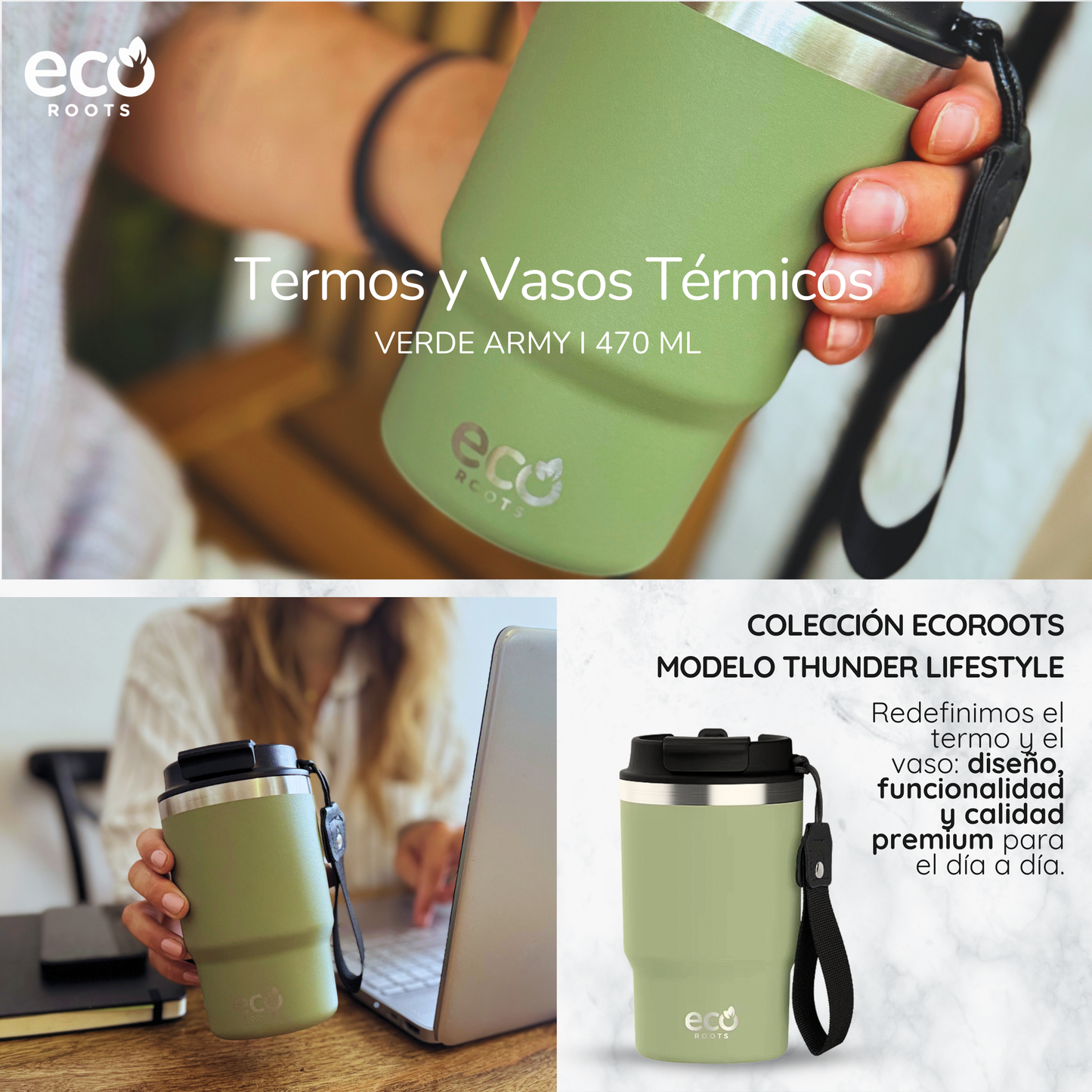 ECOROOTS Thunder I Termo y vaso térmico 470 ml (Verde Army)