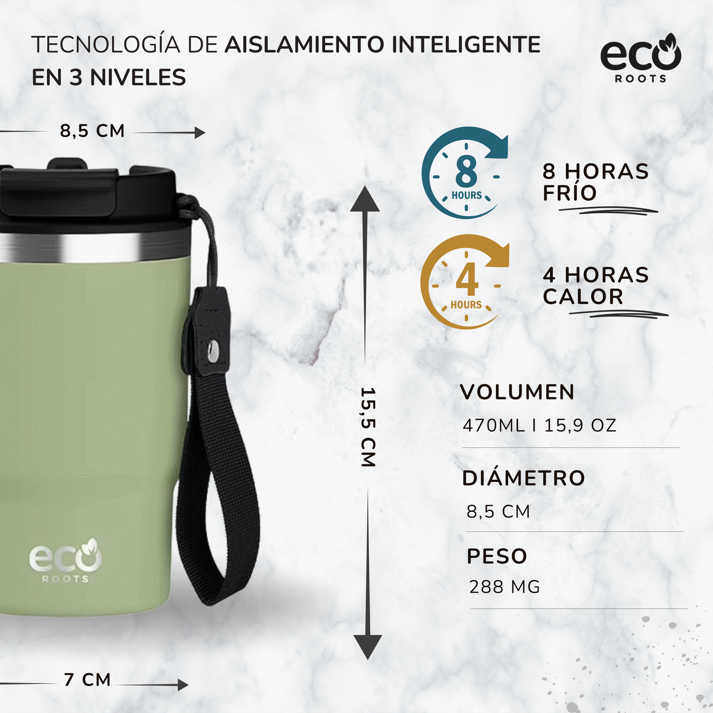ECOROOTS Thunder I Termo y vaso térmico 470 ml (Verde Army)