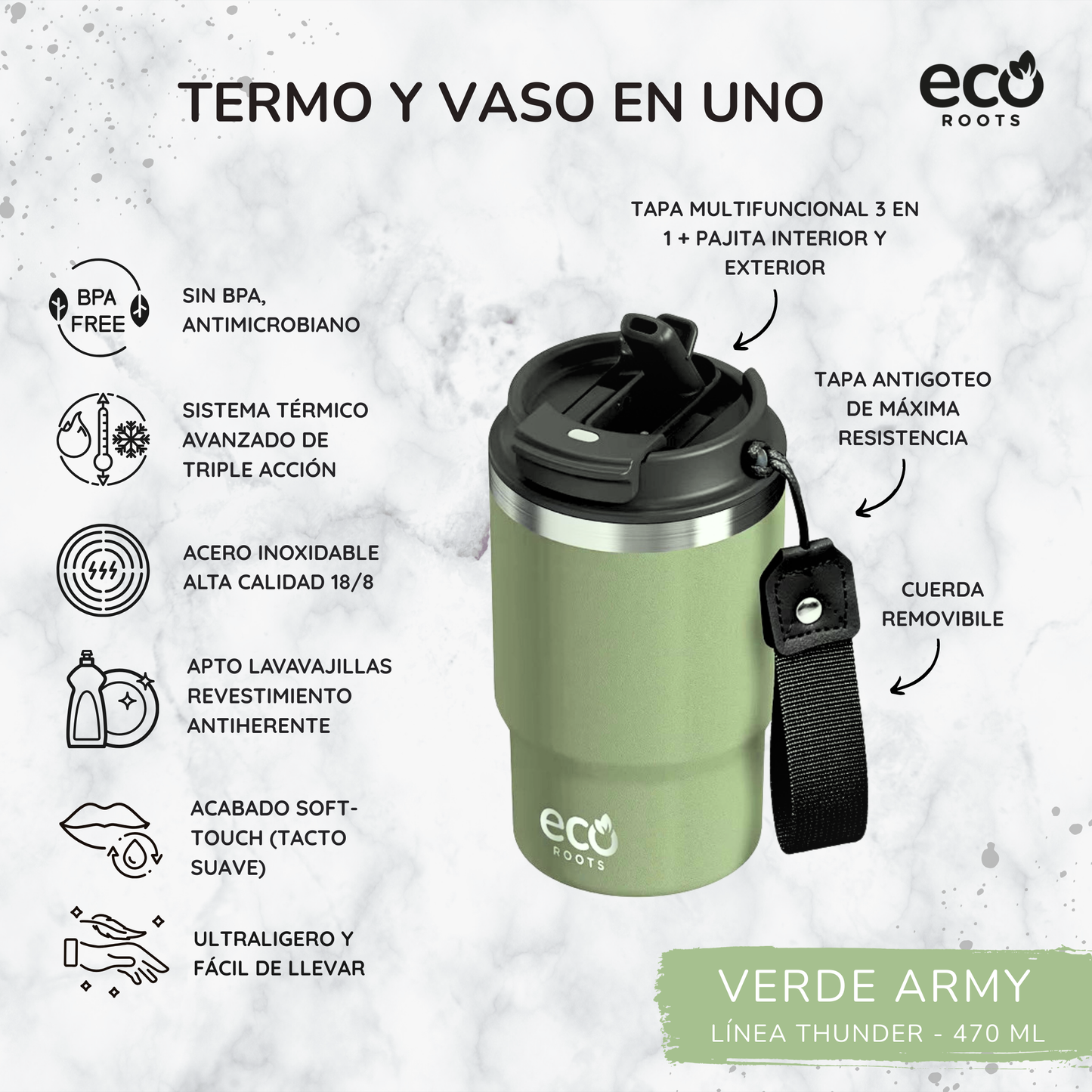 ECOROOTS Thunder I Termo y vaso térmico 470 ml (Verde Army)