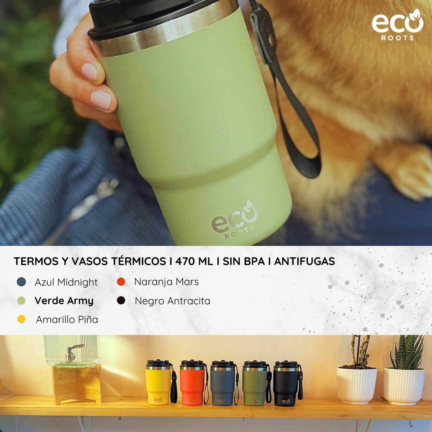 ECOROOTS Thunder I Termo y vaso térmico 470 ml (Verde Army)