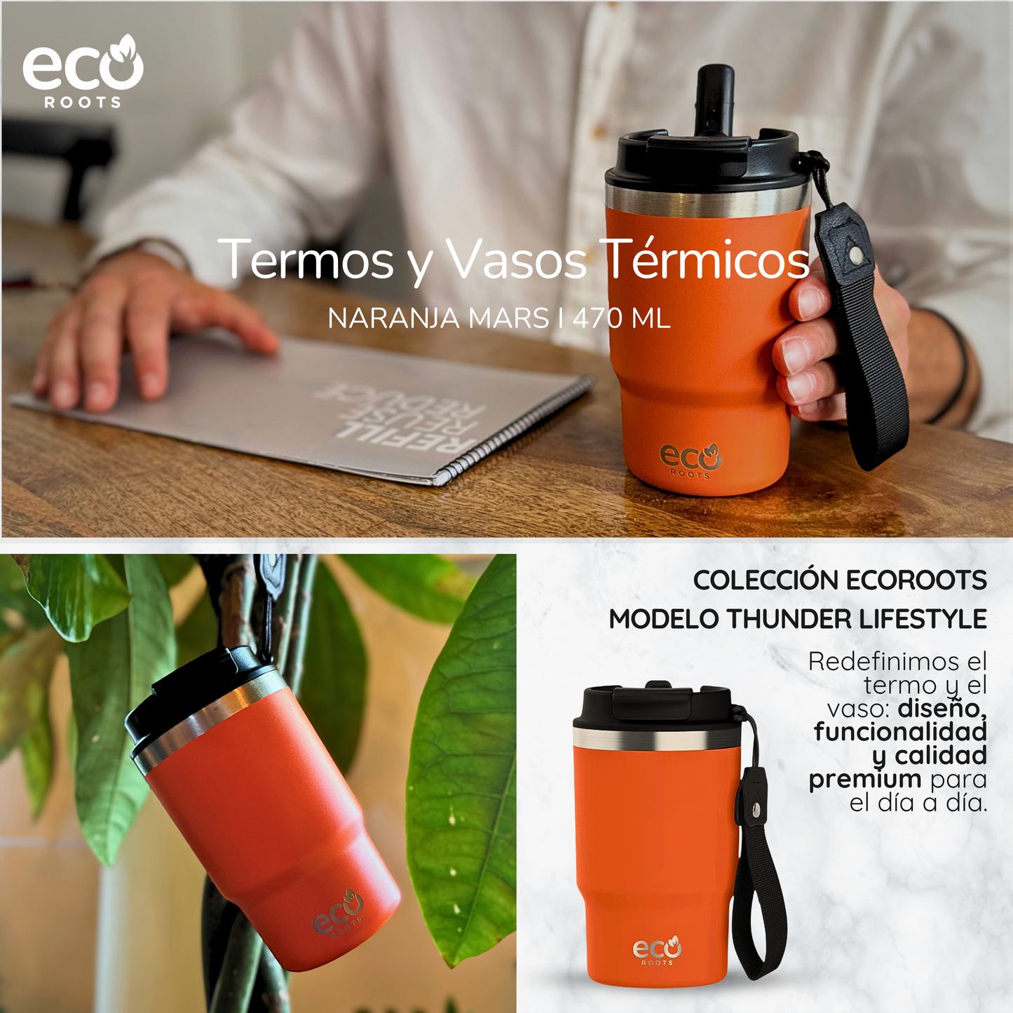 ECOROOTS Thunder I Termo y vaso térmico 470 ml (Naranja Mars)