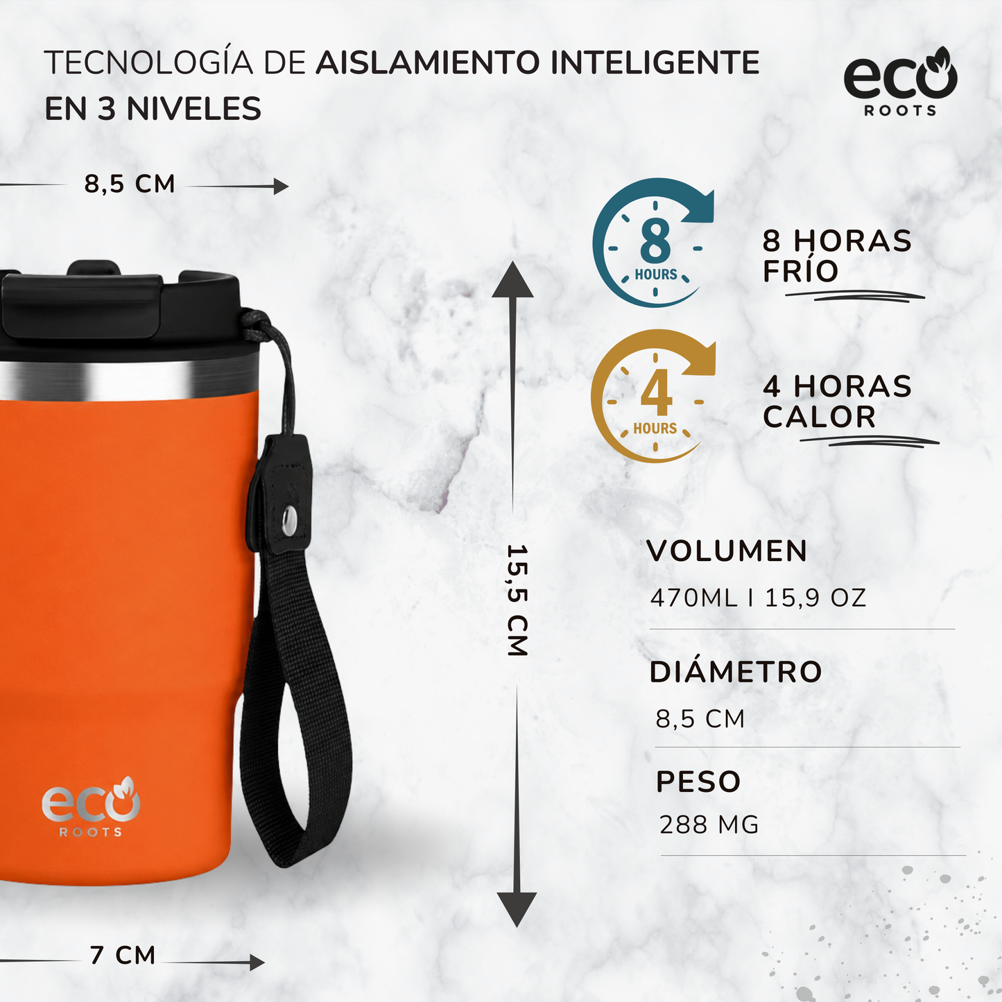 ECOROOTS Thunder I Termo y vaso térmico 470 ml (Naranja Mars)