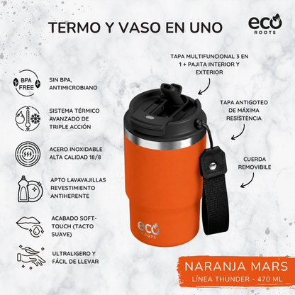 ECOROOTS Thunder I Termo y vaso térmico 470 ml (Naranja Mars)