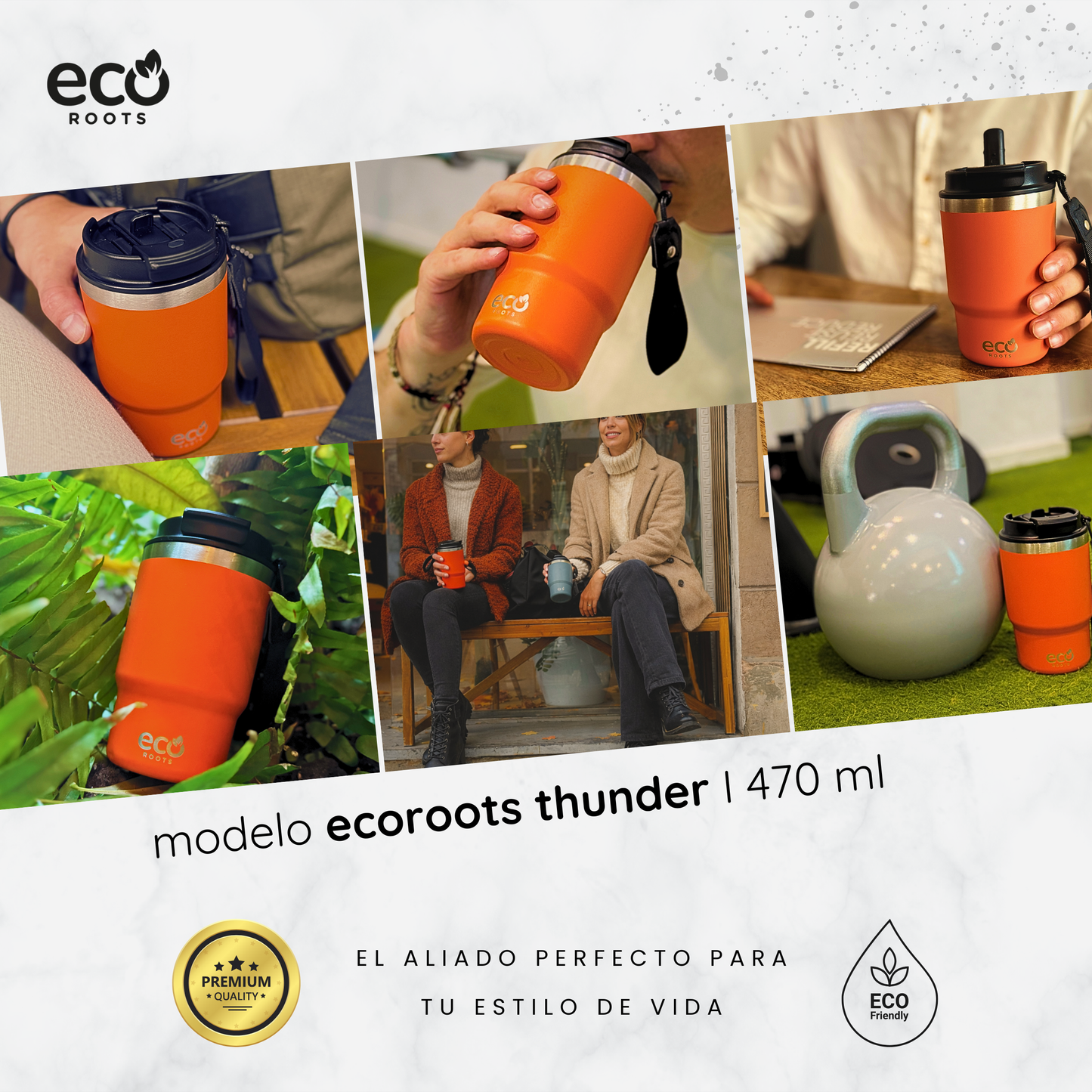 ECOROOTS Thunder I Termo 470 ml I Vaso térmico (Naranja Mars)