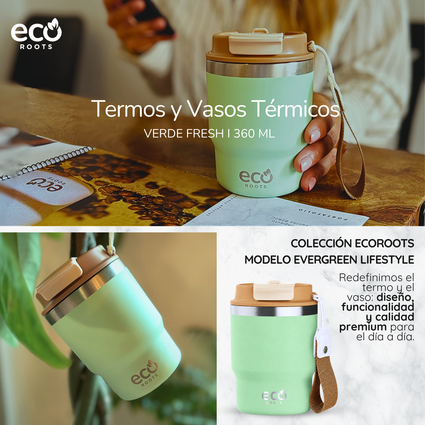 ECOROOTS Evergreen I Termo y vaso térmico 360 ml (Verde Fresh)