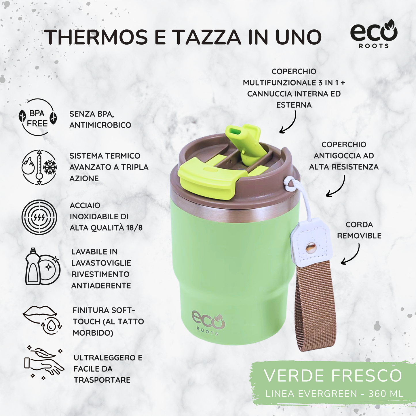 ECOROOTS Evergreen I Termo y vaso térmico 360 ml (Verde Fresh)