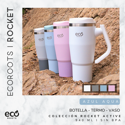 ECOROOTS Rocket I Botella Térmica I Termo 940 ml I Asa Giratoria 180º (Azul Aqua)