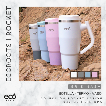 ECOROOTS Rocket I Botella Térmica I Termo 940 ml I Asa Giratoria 180º (Gris Nasa)