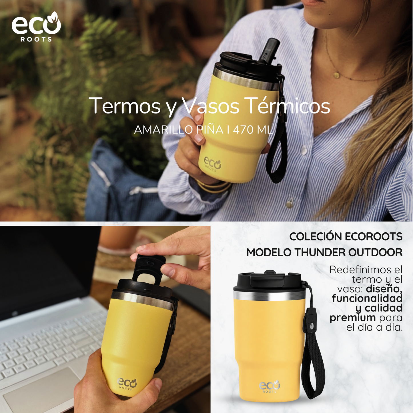 ECOROOTS Thunder I Termo y vaso térmico 470 ml (Amarilla Piña)
