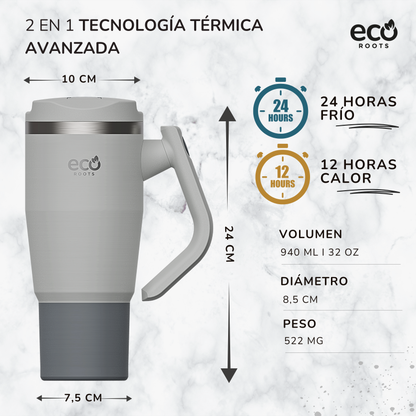 ECOROOTS Rocket I Botella Térmica I Termo 940 ml I Asa Giratoria 180º (Gris Nasa)