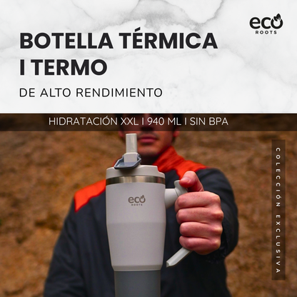 ECOROOTS Rocket I Botella Térmica I Termo 940 ml I Asa Giratoria 180º (Gris Nasa)