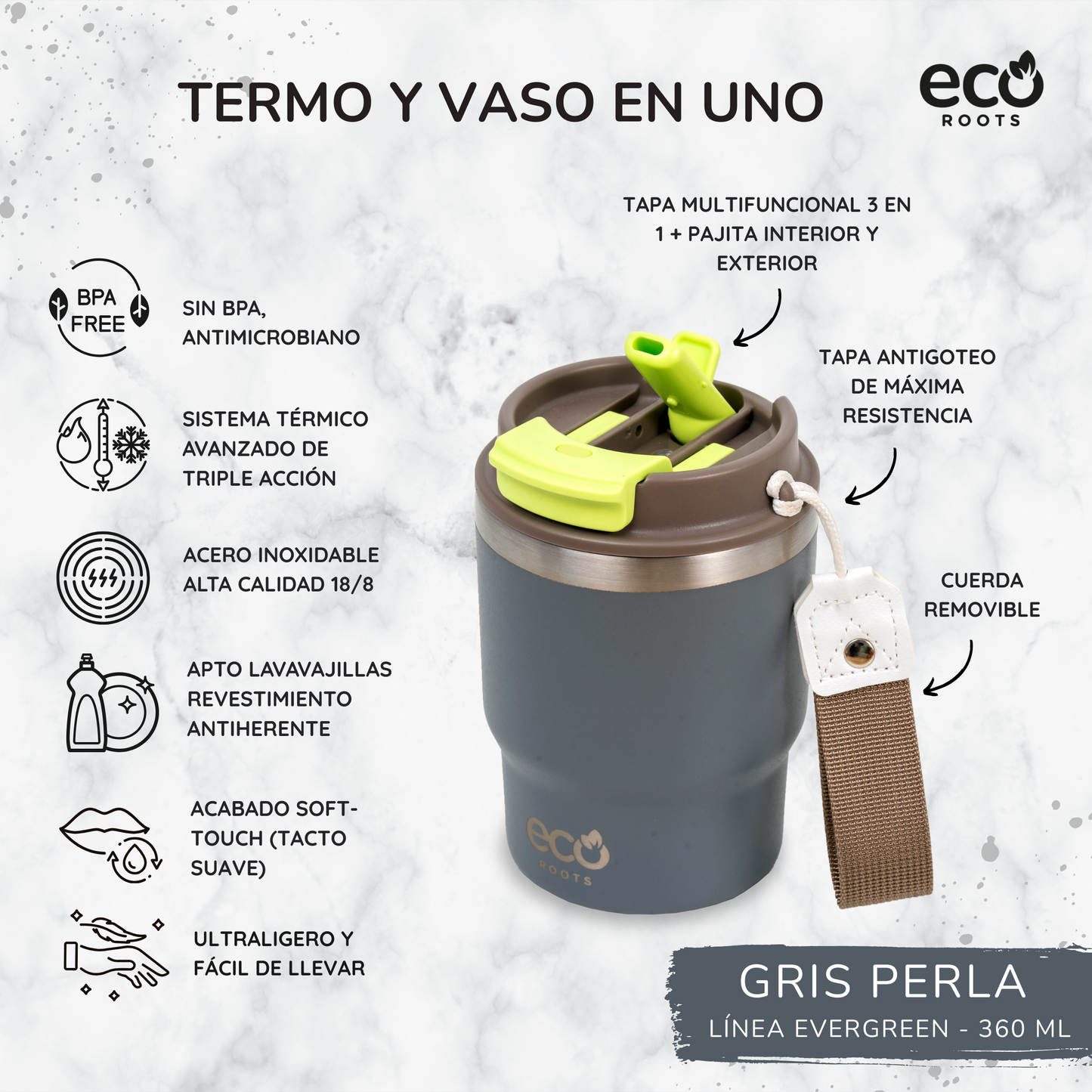 ECOROOTS Evergreen I Termo 360 º I Vaso térmico (Gris Perla)